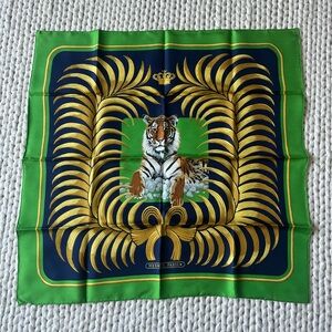 Hermès Rare Silk Scarf with Tiger and Gold Leaf Design